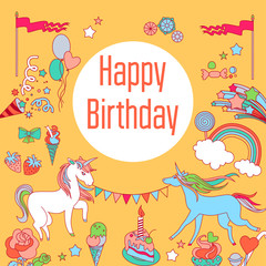Happy birthday holiday card with rainbow, ice-cream, unicorn, cloud and fireworks on yellow background.