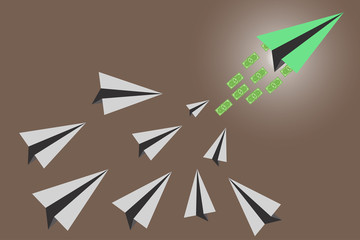 green dollar money paper air plane and it's follower. business launch concept. vector illustration EPS10