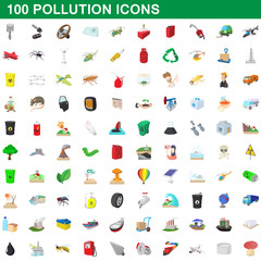 100 pollution icons set, cartoon style