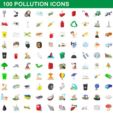 100 pollution icons set, cartoon style