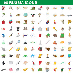 100 russia icons set, cartoon style