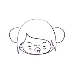 monochrome blurred silhouette of facial expression unsavory kawaii little girl with collected hair vector illustration