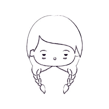 monochrome blurred silhouette of facial expression sad kawaii little girl with braided hair vector illustration