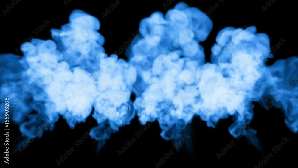 Poster a lot of flows of fluorescent blue ink or smoke, isolated on black in slow motion. color react in wa