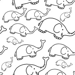 elephant seamless messy pattern design - vector illustration sketch hand drawn with black lines, isolated on white background
