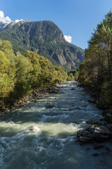 Naklejka na ściany i meble Ötztal Valley mountain river. Wellerbrück. Ötztaler Ache, Oetz, Austria, Europe