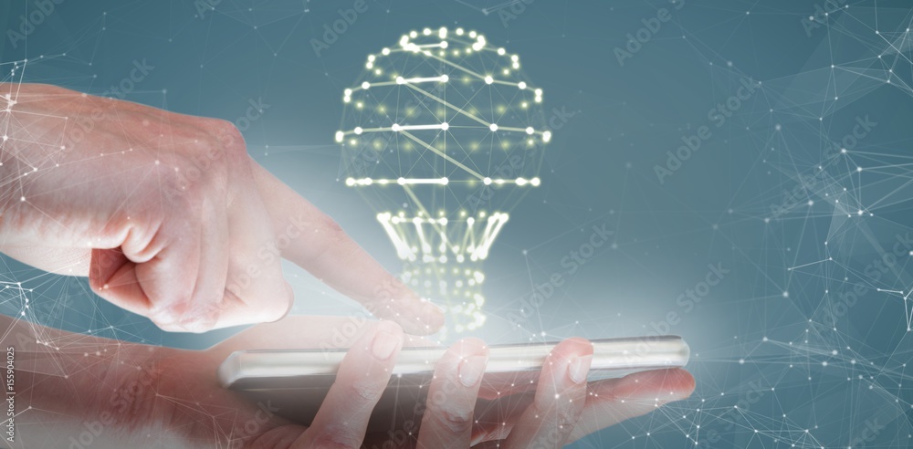 Poster composite image of hands using mobile phone on white background