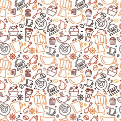 Seamless pattern for coffee theme. Line art draw icons.Vector illustration