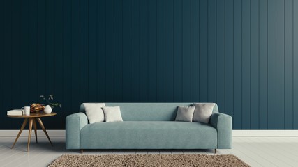 Inside, there is a sofa in dark grey floor blank display,3D rendering