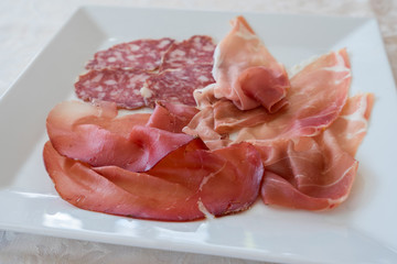 Salami, raw ham and bresaola close-up