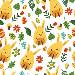 Seamless pattern for easter theme with cute cartoon bunny and flowers,eggs and foliage. Vector illustration