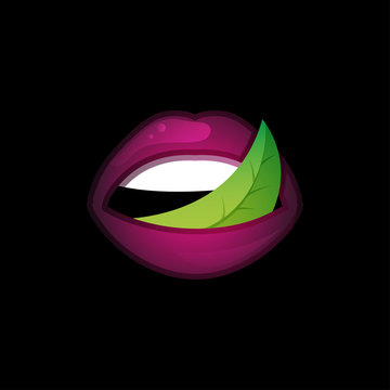 Concept template logo with lips and leaf. Vector illustration