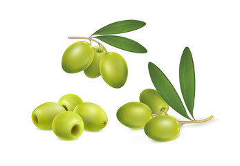 set of green olives on white background