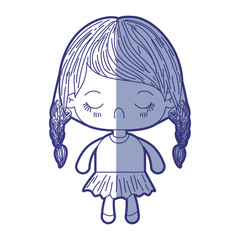 blue shading silhouette of kawaii little girl with braided hair and facial expression disgust vector illustration