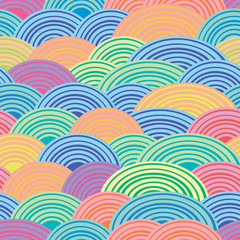 Fototapeta na wymiar Multi-colored semicircles. Spiral line. Festive cheerful background. Seamless vector pattern.