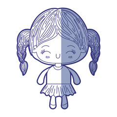 blue shading silhouette of kawaii little girl with braided hair and facial expression happiness with closed eyes vector illustration