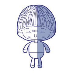 blue shading silhouette of kawaii little boy with mushroom hairstyle and facial expression furious vector illustration