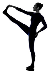 woman exercising Hasta Padangusthasana hand to big toe pose yoga silhouette shadow white background