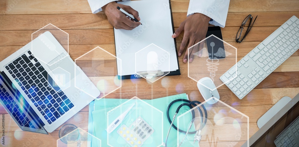 Poster composite image of medical icons in hexagons interface menu