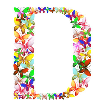 butterflies of different colors, made of sea shells isolated on a white background stacked in the form of letters D