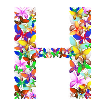 butterflies of different colors, made of sea shells isolated on a white background stacked in the form of letters H
