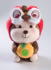Toy or Chinese Year of the Monkey Stuffed Animals Children Toys on background.