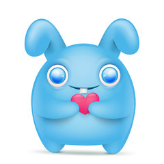 Blue cartoon bunny emoticon character with pink heart