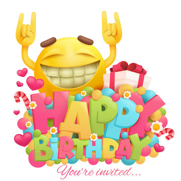 Happy Birthday card with funny cartoon yellow emotion face