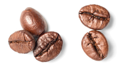 roasted coffee beans on white, top view