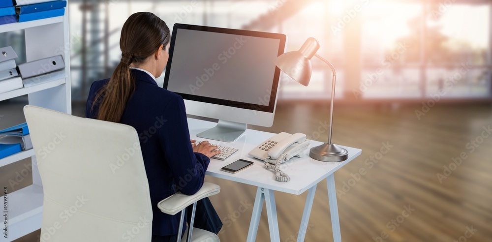 Poster composite image of rear view of businesswoman using computer