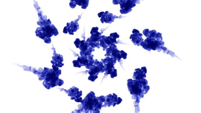 Overhead shot of isolated blue inks on white forming a circle. Blue gouache swirls in water and move in slow motion. Use for inky background or backdrop with smoke or ink effects