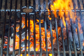 Empty Hot Charcoal Barbecue Grill With Bright Flame