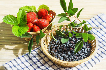 Bright ripe strawberry and the berries of honeysuckle on the far Eastern Desk