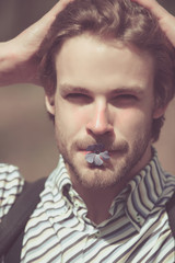man with unshaven face holding blue flower in mouth
