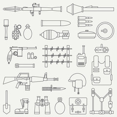 Line flat vector military icon set. Army equipment, weapons and armament. Cartoon style. Army. Assault. Soldiers. War. Retro. Ammunition. Vector illustration and element for your design and wallpaper.