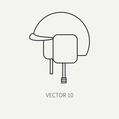 Line flat vector military icon - army helmet. Army equipment and weapons. Cartoon style. Army. Assault. Soldiers. Armament. Ammunition. Vector illustration and element for your design and wallpaper.