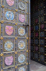 The door grey, blue and pink of Vyšehrad cathedral in Prague in Czech Republic.