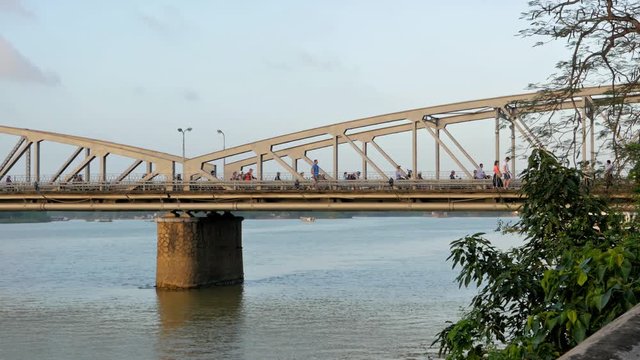 Panning shot of Truong Tien Bridge, Hue, Vietnam in 4k