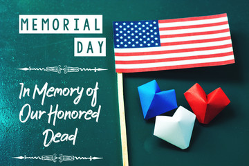 Text Memorial Day on American flag background. honoring card concept 