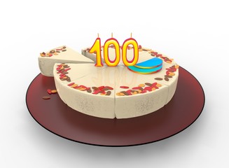 3d illustration of cake with 100 on top. white background isolated. icon for game web.