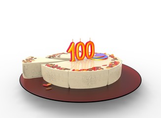 3d illustration of cake with 100 on top. white background isolated. icon for game web.