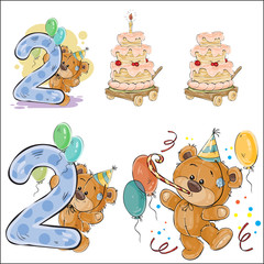 Set of vector illustrations with brown teddy bear, birthday cake and number 2, prints, templates, design elements for greeting cards, invitation cards, postcards