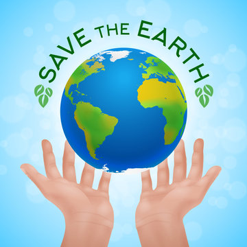 Eco poster of two human hands holding planet Earth.