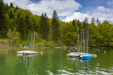 Fototapeta na wymiar Boats in marina at Bohinj Lake, Julian Alps, Slovenia