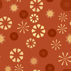 Orange simple seamless pattern for design. Vector background with geometric stars and flowers. Circular colorful texture for textile, warping paper, childs clothes