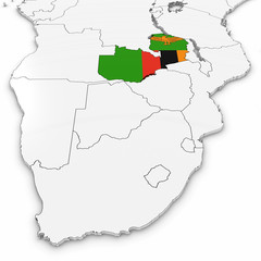 3D Map of Zambia with Zambian Flag on White Background 3D Illustration