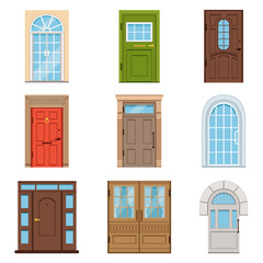 Colorful front doors. Collection of vIntage and modern doors to houses and buildings vector illustrations