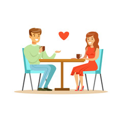 Young happy couple in love sitting in cafe colorful character vector Illustration