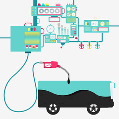 Machinery of factory refining oil and refueling a bus. Bus shape being filled by a oil with gas pump.