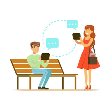 Young man and woman communicatitng with their tablets in the park colorful character vector Illustration